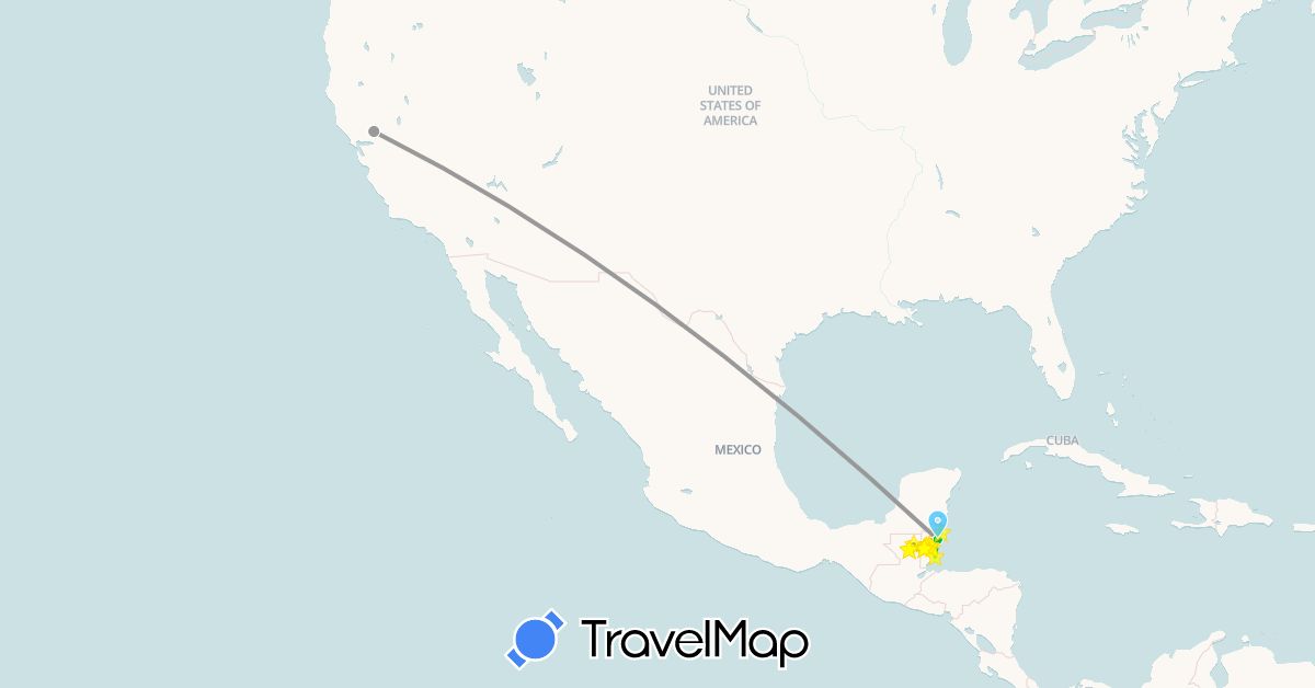 TravelMap itinerary: driving, bus, plane, hiking, boat, hitchhiking in Belize, Guatemala, United States (North America)